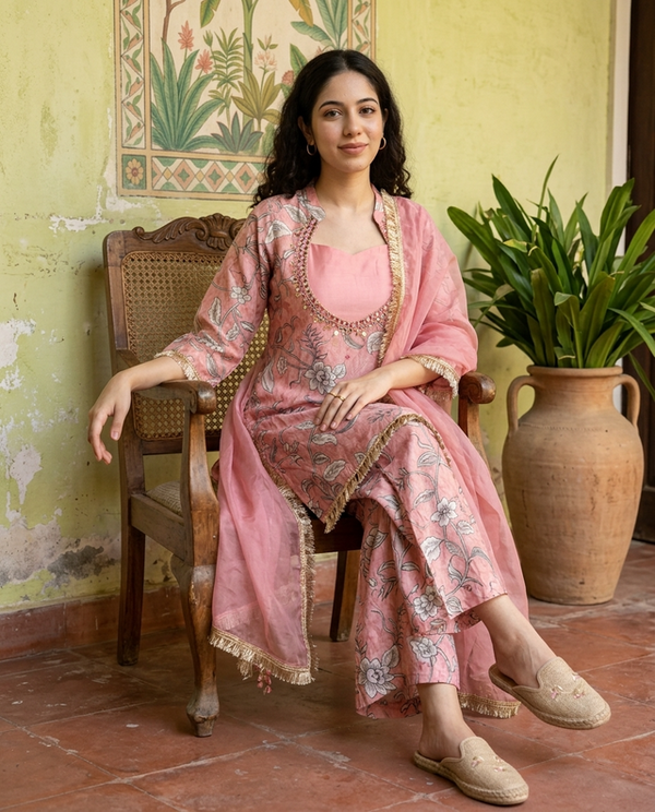 Floral Print & Embroidered  Straight Kurta With Top & Trousers & Dupatta