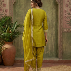 Parrot Green Floral Embroidered & Sequinned A-Line Kurta With Dhoti Pant & Dupatta Kurta Set