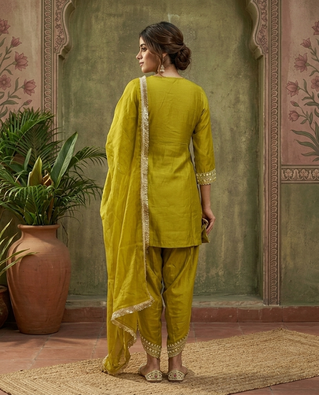 Parrot Green Floral Embroidered & Sequinned A-Line Kurta With Dhoti Pant & Dupatta Kurta Set