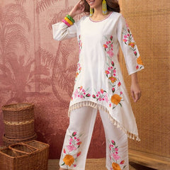 White Floral Embroidered Tunic With Trouser Co-Ords Set