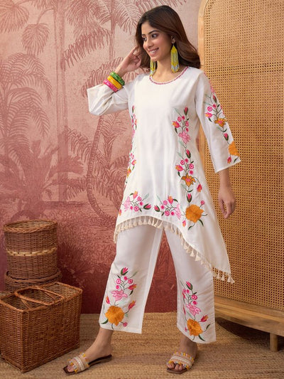 White Floral Embroidered Tunic With Trouser Co-Ords Set