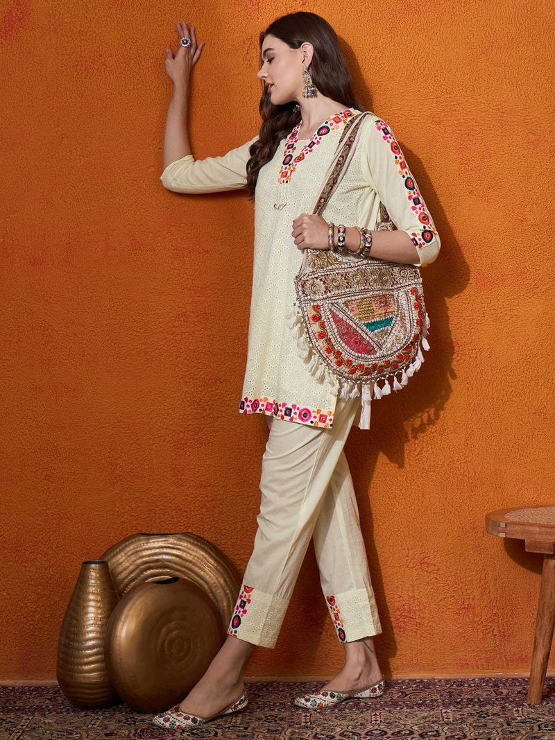 Abstract Embroidered Pure Cotton Top With Trouser Co-Ords