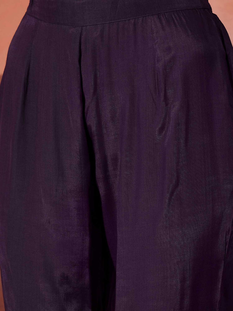 Burgundy Yoke Design Beads And Stones Round Neck Kaftan Kurta With Trousers