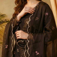 Black Floral Embroidered Mirror Work A-Line Kurta With Trousers & Dupatta