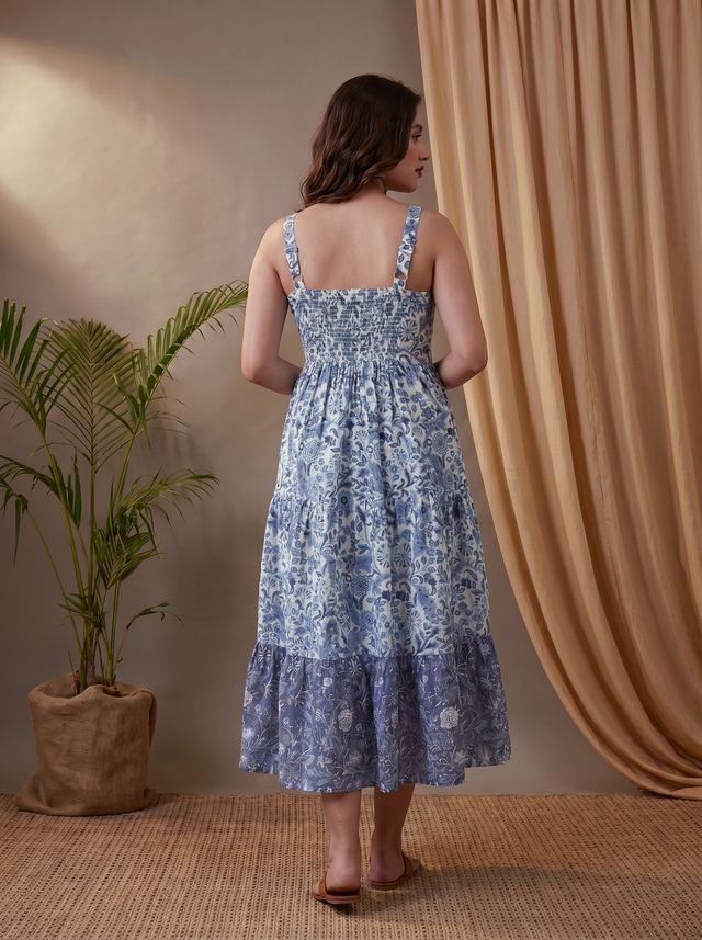 Indigo Blue Floral Printed Tired Anarkali Kurta With Jacket