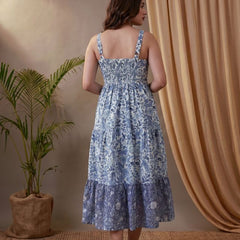 Indigo Blue Floral Printed Tired Anarkali Kurta With Jacket