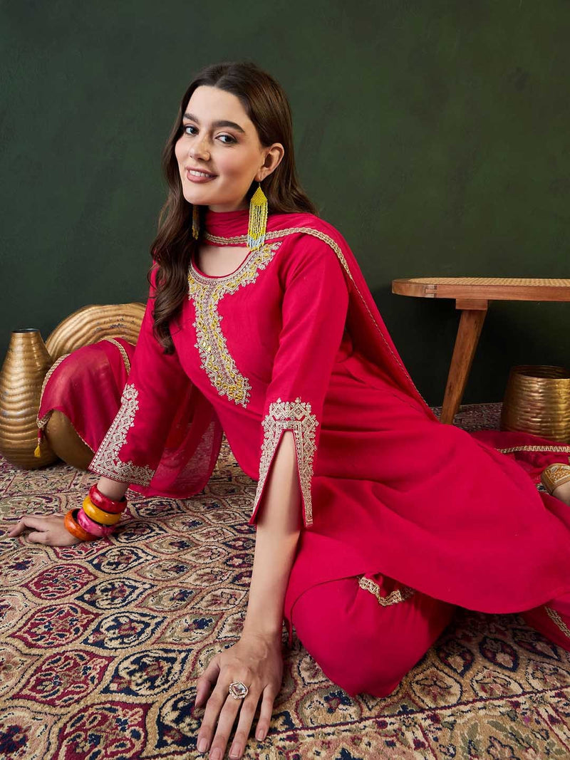 Ethnic Motifs Embroidered Round Neck Straight Kurta With Dhoti Pants And Dupatta