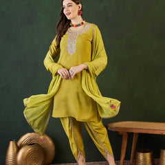 Green Embroidered Mirror Work Round Neck Straight Kurta With Dhoti Pants & Dupatta
