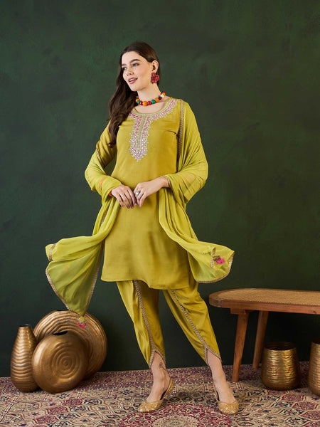 Green Embroidered Mirror Work Round Neck Straight Kurta With Dhoti Pants & Dupatta