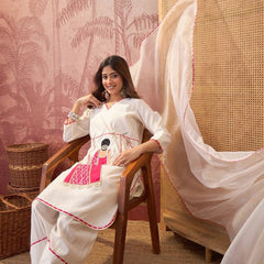 Off White Ethnic Motif Embroidered Straight Kurta With Trouser & Dupatta Kurta Set