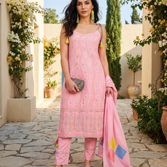 Pure Cotton Embroidered Sholder Strap Kurta With Pant & Dupatta Kurta Set