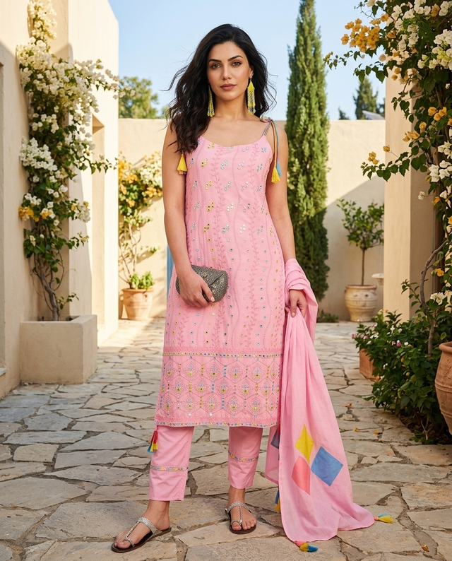 Pure Cotton Embroidered Sholder Strap Kurta With Pant & Dupatta Kurta Set
