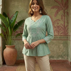 Mint Green Pure Cotton Ethnic Motifs Embroidered A-Line Short Kurti