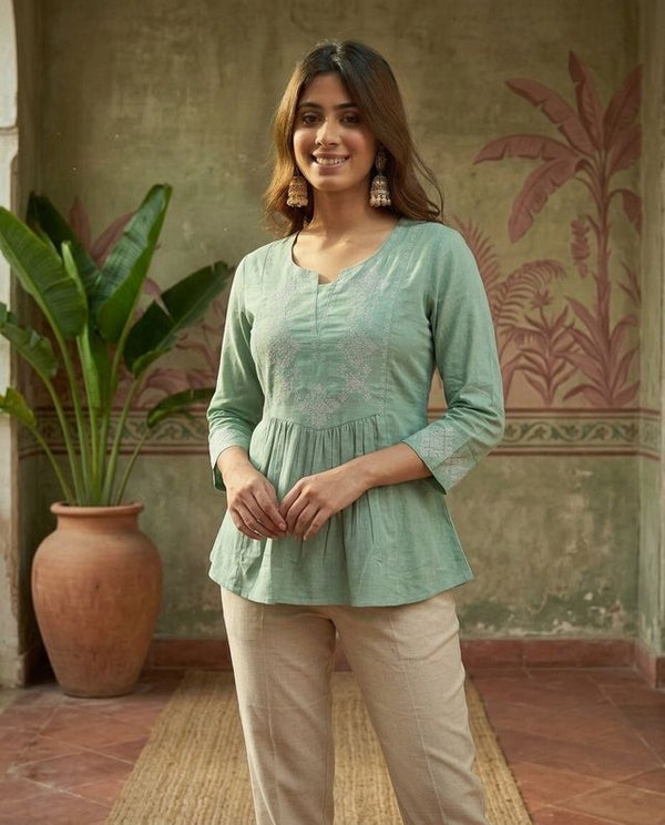 Mint Green Pure Cotton Ethnic Motifs Embroidered A-Line Short Kurti