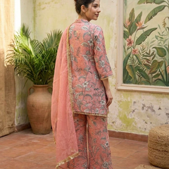 Floral Print & Embroidered  Straight Kurta With Top & Trousers & Dupatta