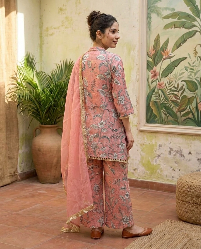 Floral Print & Embroidered  Straight Kurta With Top & Trousers & Dupatta