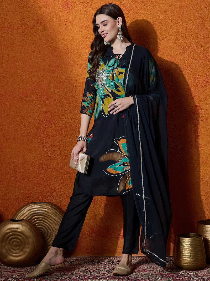 Floral Embroidered Sequinned Kurta With Trouser And Dupatta