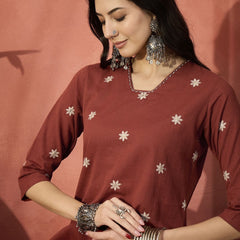 Floral Embroidered V-Neck Straight Pure Cotton Kurta With Trousers Plus Size Kurta Set
