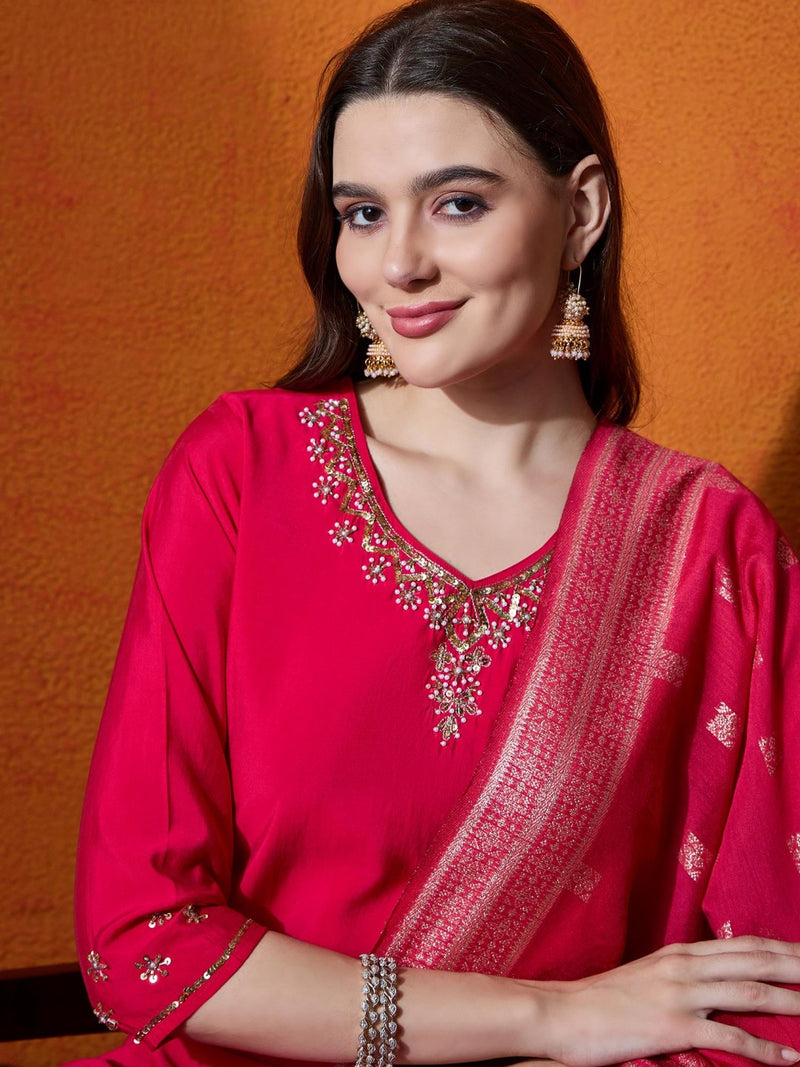 Floral Embroidered Kurta With Trousers And Dupatta