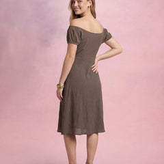 Brown Off-Shoulder A-Line Midi Dress