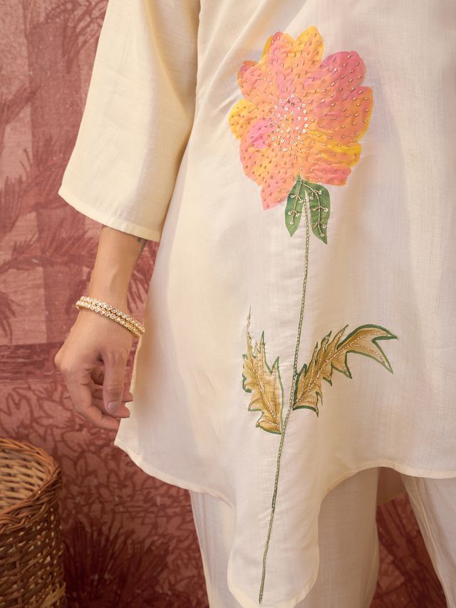 White Hand Block Print & Embroidered Top With Jacket & Trouser Co-Ords
