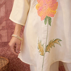 White Hand Block Print & Embroidered Top With Jacket & Trouser Co-Ords