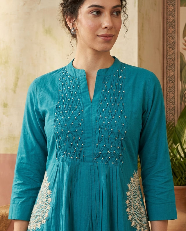 Floral Embroidered Thread Work A-Line Kurta With Trousers
