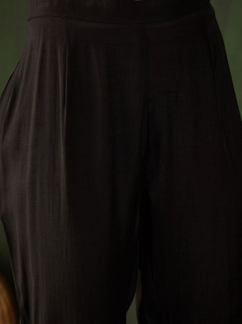 Black Geometric Embroidered Mirror Work Roman Silk Kurta With Trouser
