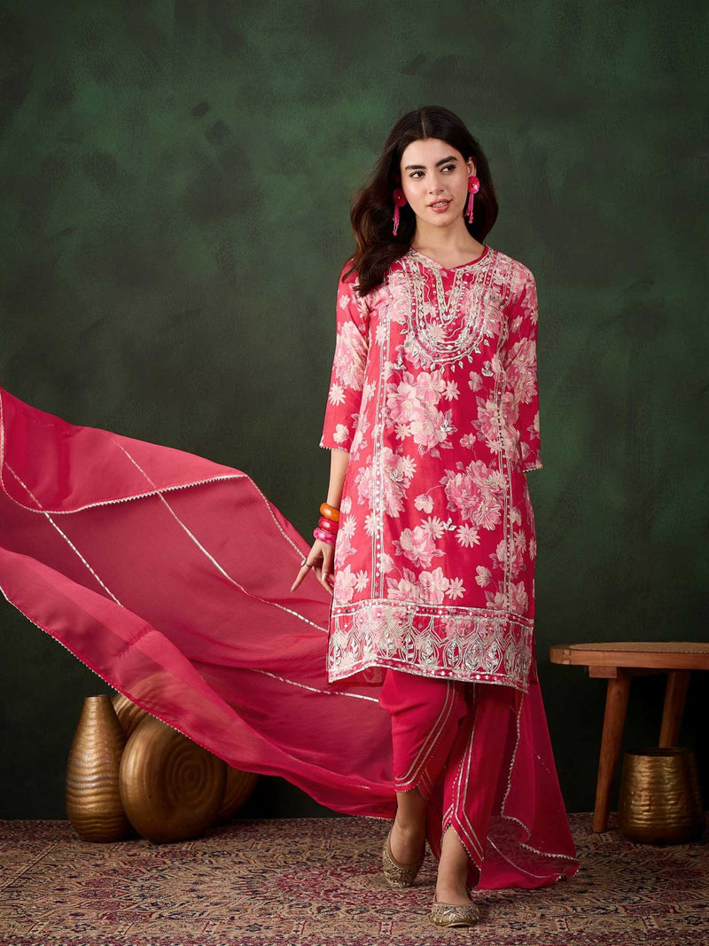 Floral Embroidered Round Neck Kurta With Dhoti Pants And Dupatta
