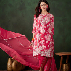 Floral Embroidered Round Neck Kurta With Dhoti Pants And Dupatta