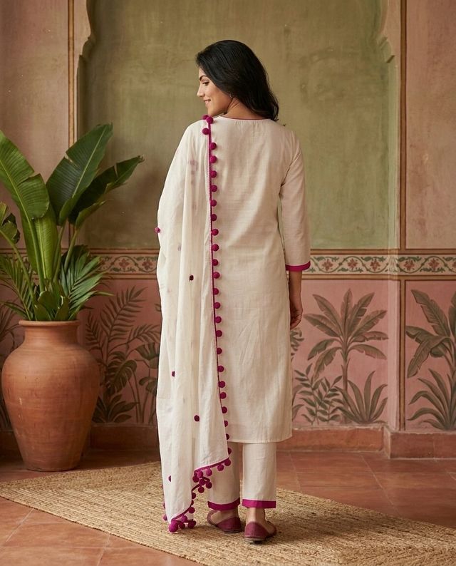 Floral Embroidered Straight Kurta With Trousers & Dupatta