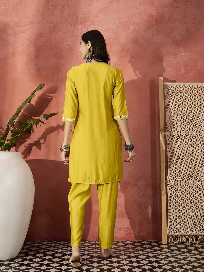 Embellished Round Neck Mirror Work Tunic With Trouser