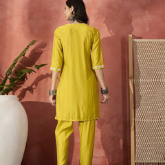 Embellished Round Neck Mirror Work Tunic With Trouser