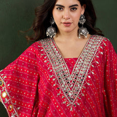 Red Bandhani Printed Regular Mirror Work Kaftan Kurta With Trouser