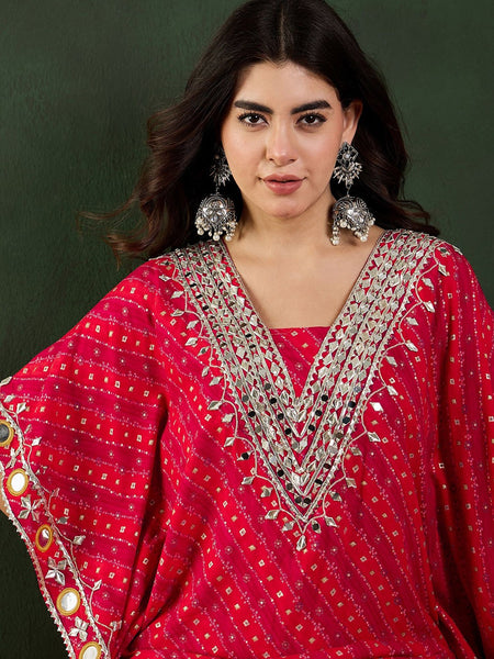 Red Bandhani Printed Regular Mirror Work Kaftan Kurta With Trouser