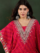 Red bandhani printed mirror work kaftan kurta with trouser for women