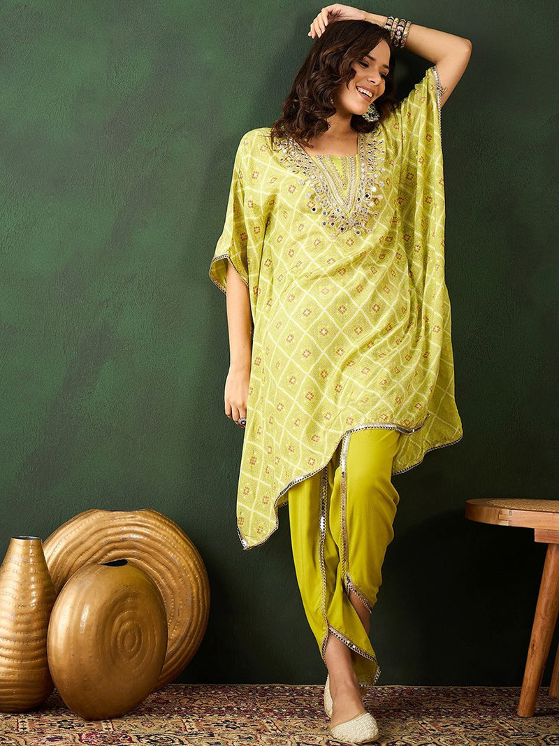 Bandhani Printed Gotta Patti Asymmetric Kaftan With Dhoti Pant