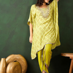 Bandhani Printed Gotta Patti Asymmetric Kaftan With Dhoti Pant