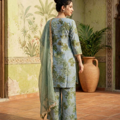 Floral Print & Embroidered  Straight Kurta With Trousers & Dupatta