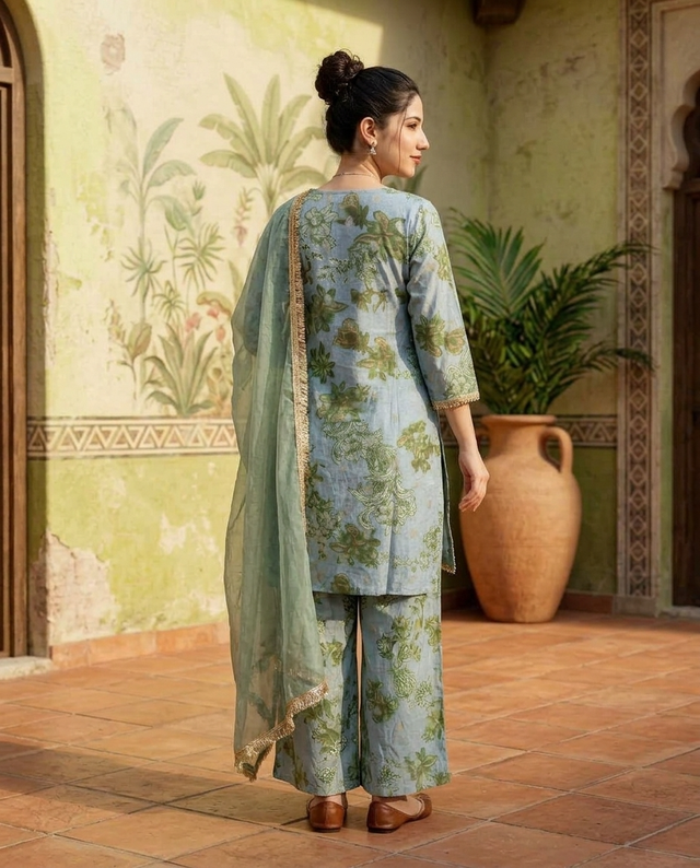 Floral Print & Embroidered  Straight Kurta With Trousers & Dupatta