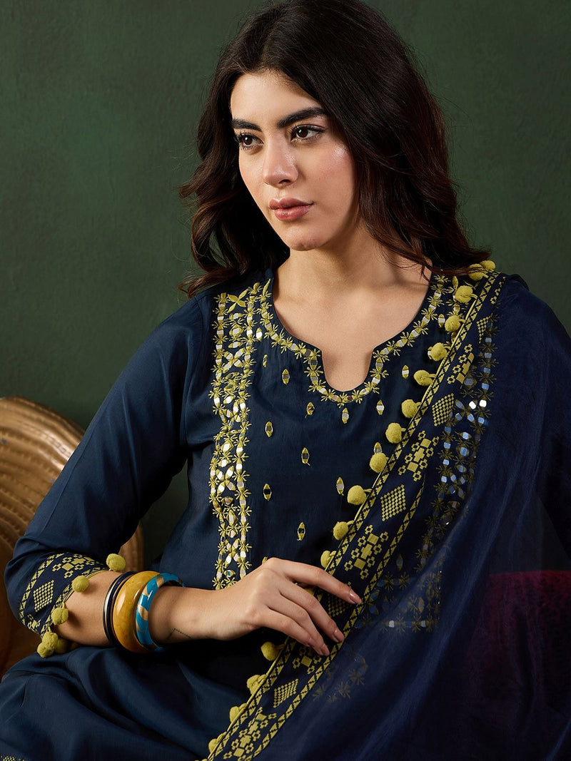 Navy Blue Notch-Neck Mirror Work Chanderi Silk Kurta With Dhoti Pant And Dupatta