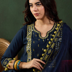 Navy Blue Notch-Neck Mirror Work Chanderi Silk Kurta With Dhoti Pant And Dupatta