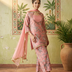 Floral Print & Embroidered  Straight Kurta With Top & Trousers & Dupatta