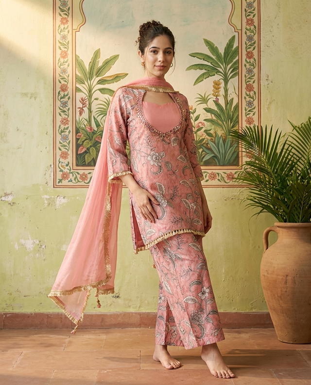 Floral Print & Embroidered  Straight Kurta With Top & Trousers & Dupatta