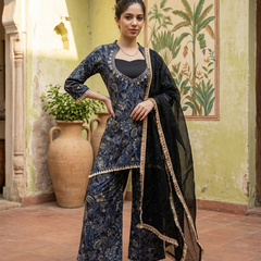 Floral Print & Embroidered  Straight Kurta With Top & Trousers & Dupatta
