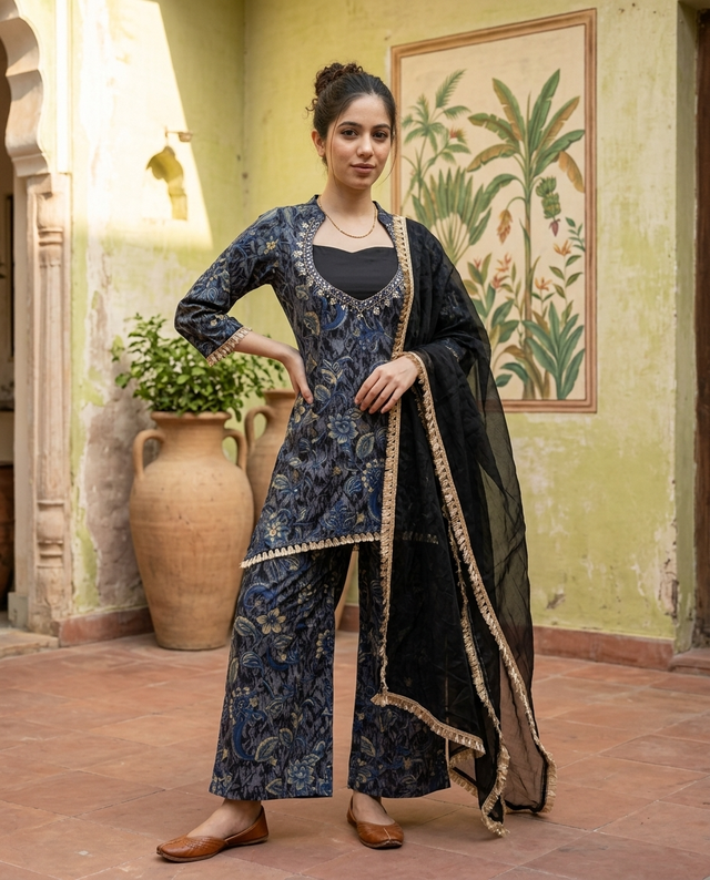 Floral Print & Embroidered  Straight Kurta With Top & Trousers & Dupatta