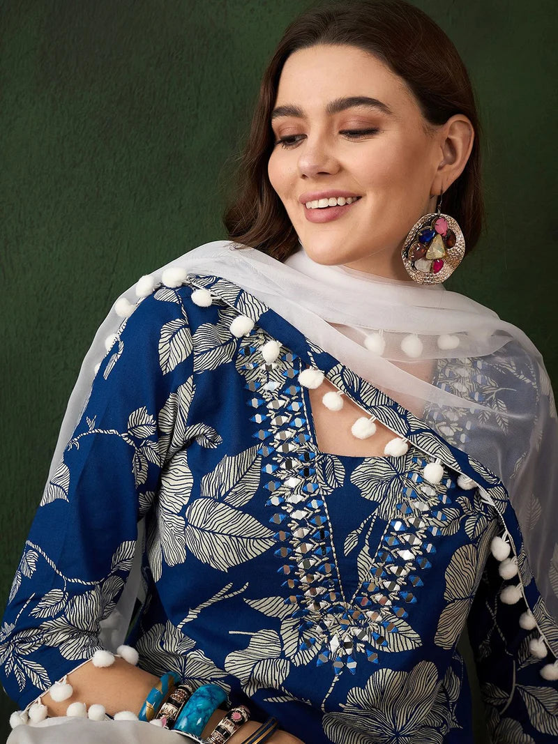 Floral Printed Mirror Work Pure Cotton Kurta With Dhoti Pant & Dupatta