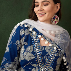 Floral Printed Mirror Work Pure Cotton Kurta With Dhoti Pant & Dupatta