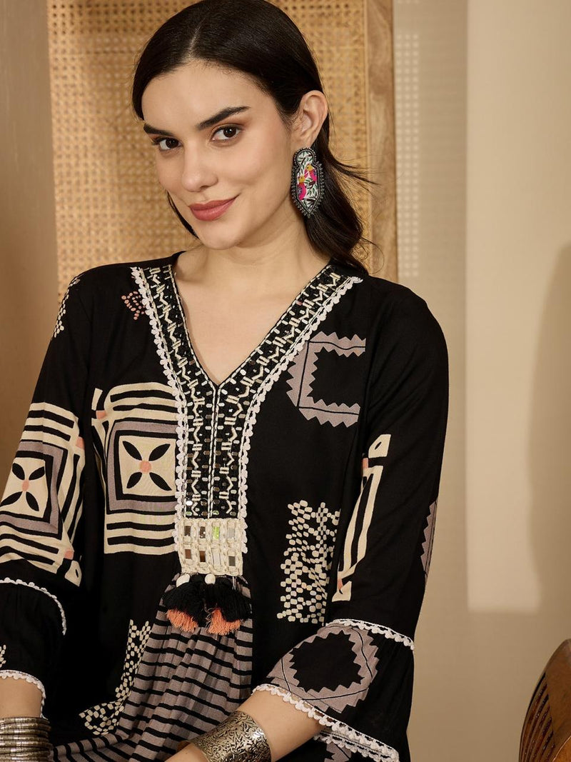Black Printed A-Line Tunic With Palazzo & Bags Co-Ords Set
