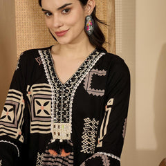 Black Printed A-Line Tunic With Palazzo & Bags Co-Ords Set